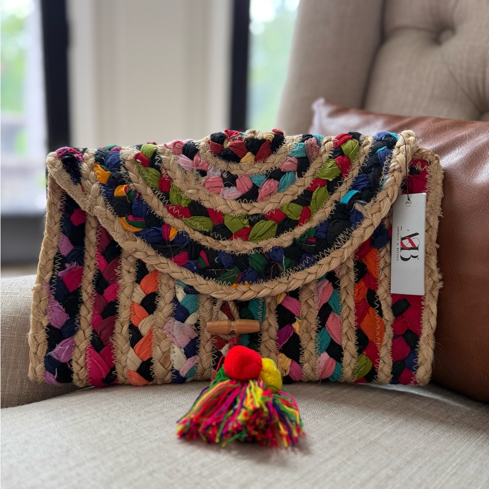 New America & Beyond Colorful Hand Woven Jute Beach Clutch Bag